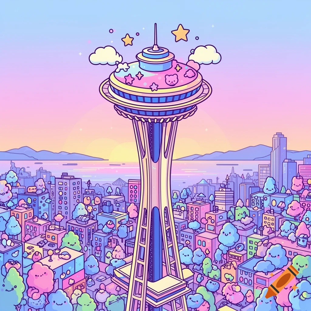 A pastel-colored kawaii illustration of the Seattle Space Needle towering over a city filled with cute, smiling buildings and trees at sunset.