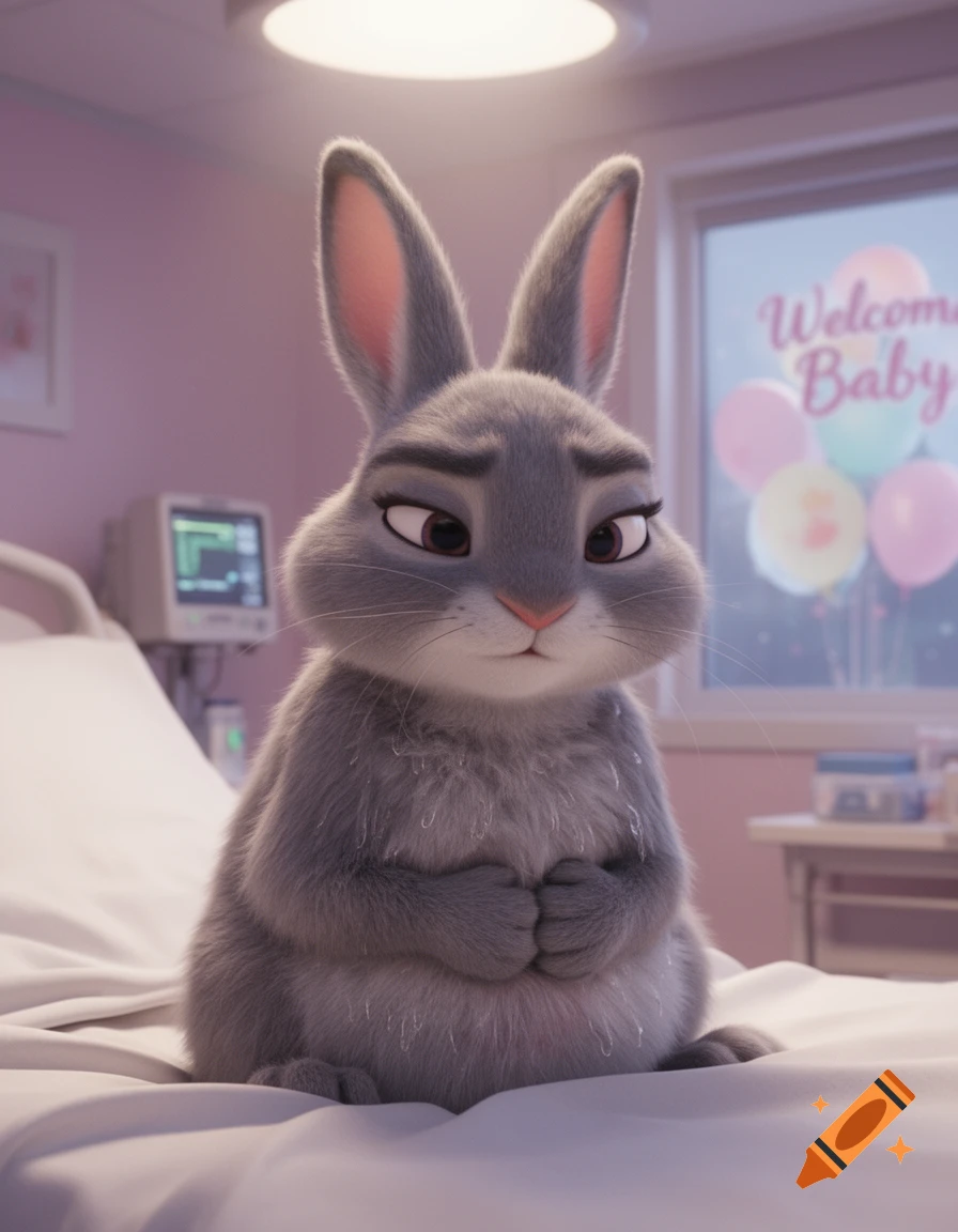 A grey anthropomorphic rabbit with a concerned expression sits on a hospital bed, with 'Welcome Baby' balloons visible in the background.