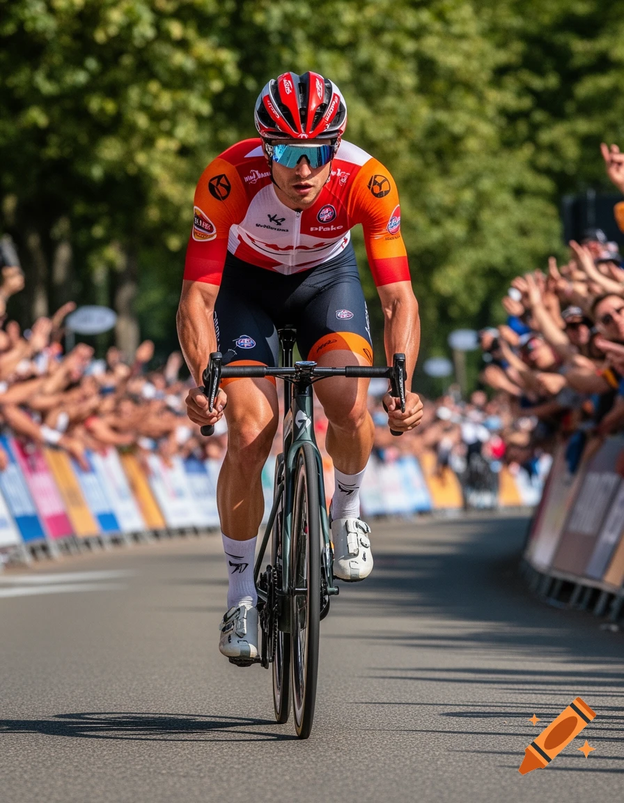 Photorealistic image of a male cyclist in a red, white, and orange jersey racing on a road, with a blurred cheering crowd in the background.