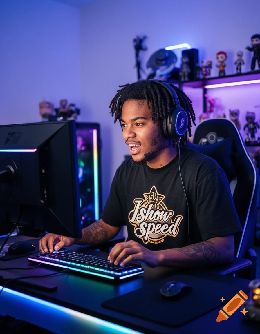 A young man with dreadlocks wears a headset and a black Ishow Speed t ...