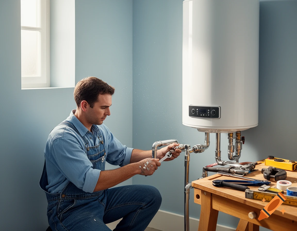 A man in denim overalls installs a modern white water heater in a light blue utility room, surrounded by tools on a wooden workbench.
