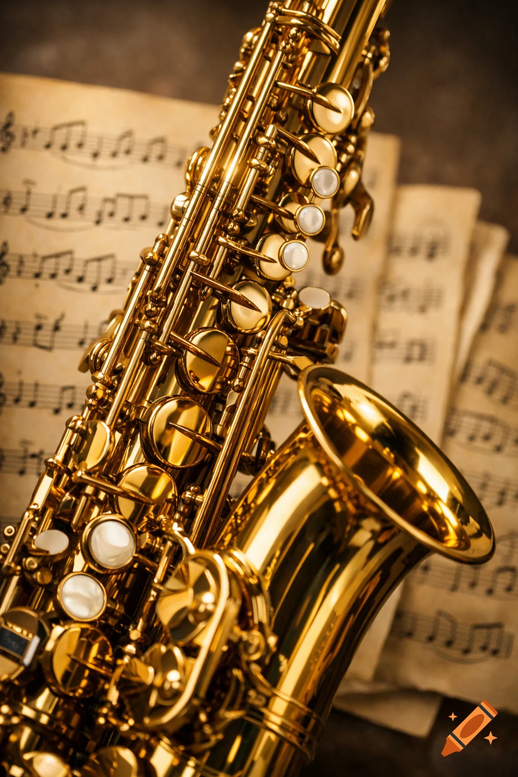 Close-up of a golden saxophone with blurred vintage sheet music in the background.