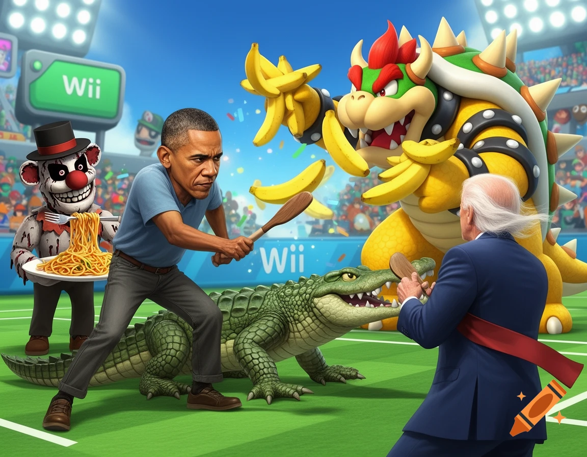 Cartoon of Obama and a clown with spaghetti fighting a crocodile and Joe Biden, while Bowser throws bananas on a sports field.