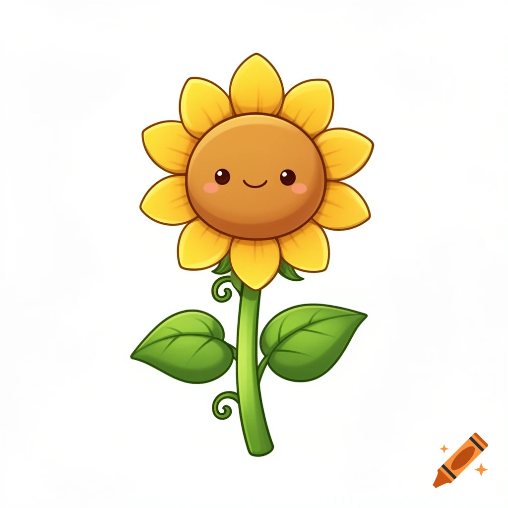 A cute, smiling cartoon sunflower with yellow petals, a brown center, green stem, and leaves.
