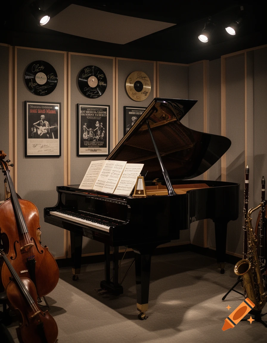 A dark, stylish music studio with a grand piano, cello, violin, saxophone, clarinet, and oboe. Music sheets are on the piano, and framed records and posters adorn the wall.