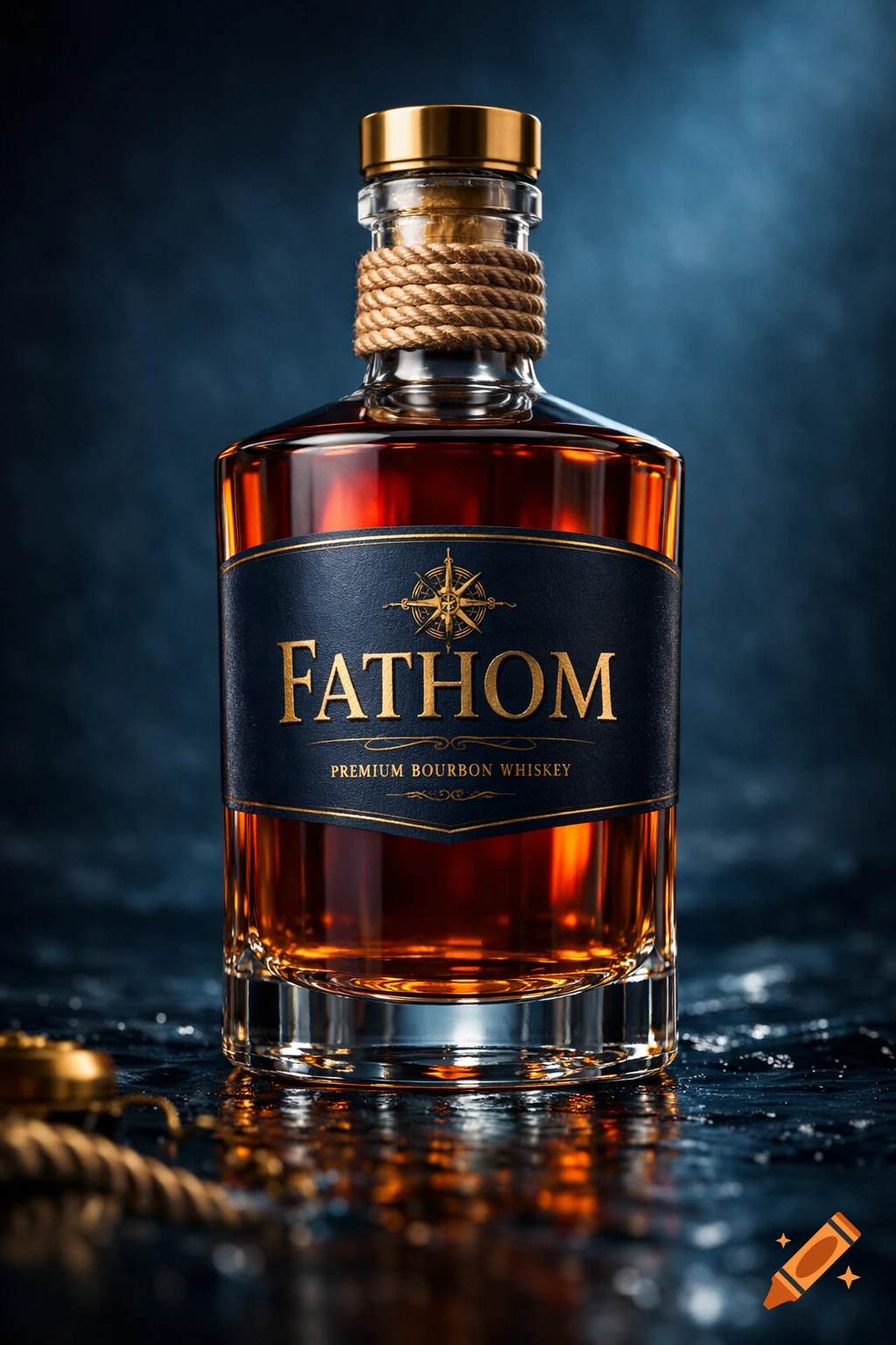 Ultra realistic 3D render of a 'FATHOM' premium bourbon whiskey bottle with a rope-wrapped neck and dark label, moody background.