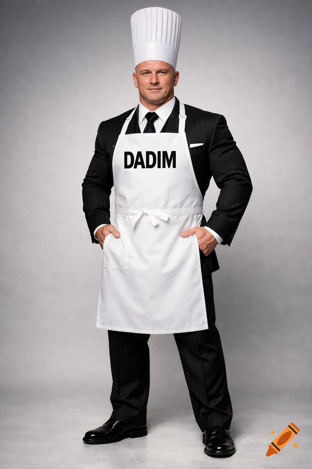 A muscular bald Caucasian man in a pinstripe suit, white chef's apron with "DADIM", and chef's hat, standing in a studio.