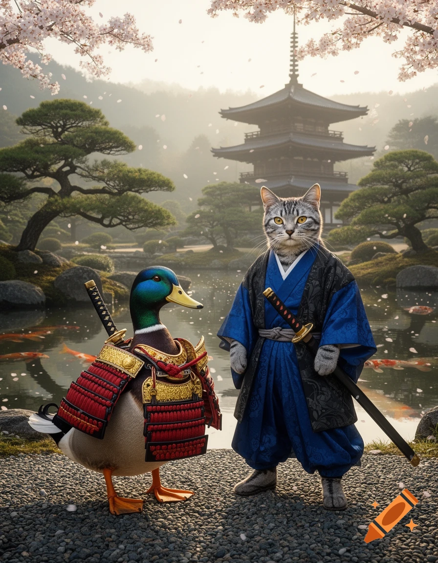 A photorealistic cat in a blue kimono and a duck in red samurai armor stand in a Japanese garden with a pagoda and cherry blossoms.