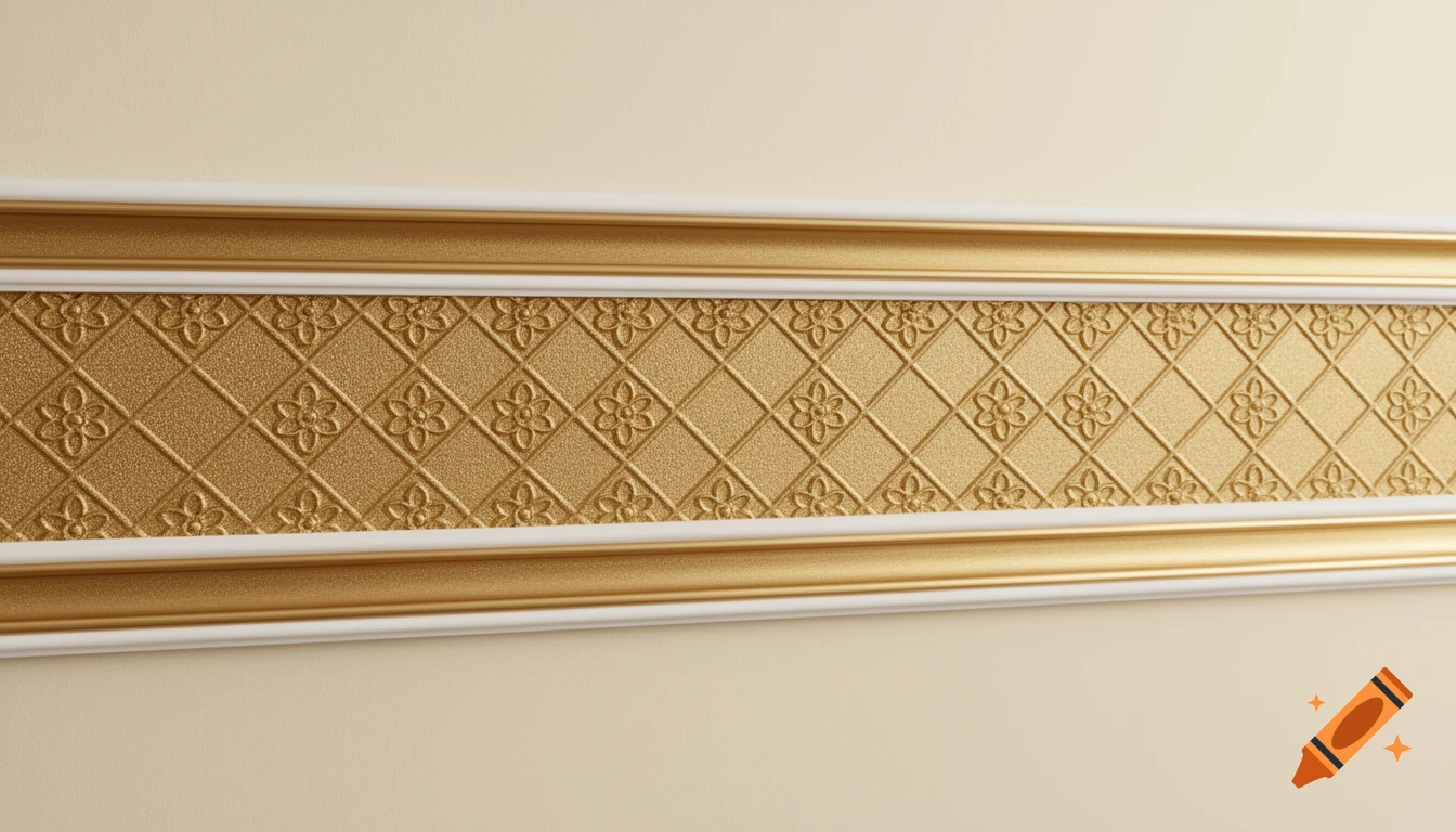 A photorealistic golden decorative wall border with floral diamond patterns, framed by white trim on a cream wall.