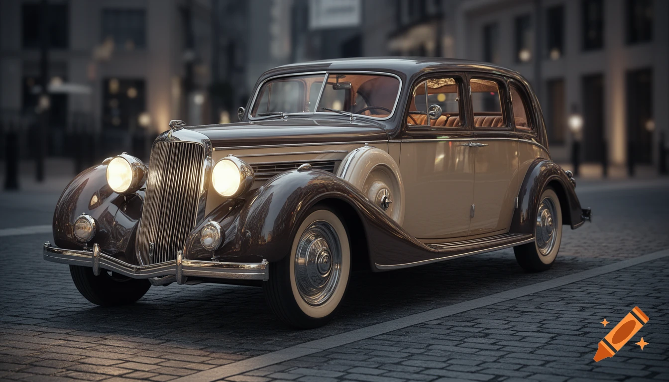 A photorealistic image of a luxurious two-tone brown and tan 1930s Art Deco car with dramatic headlights on a cobblestone street.