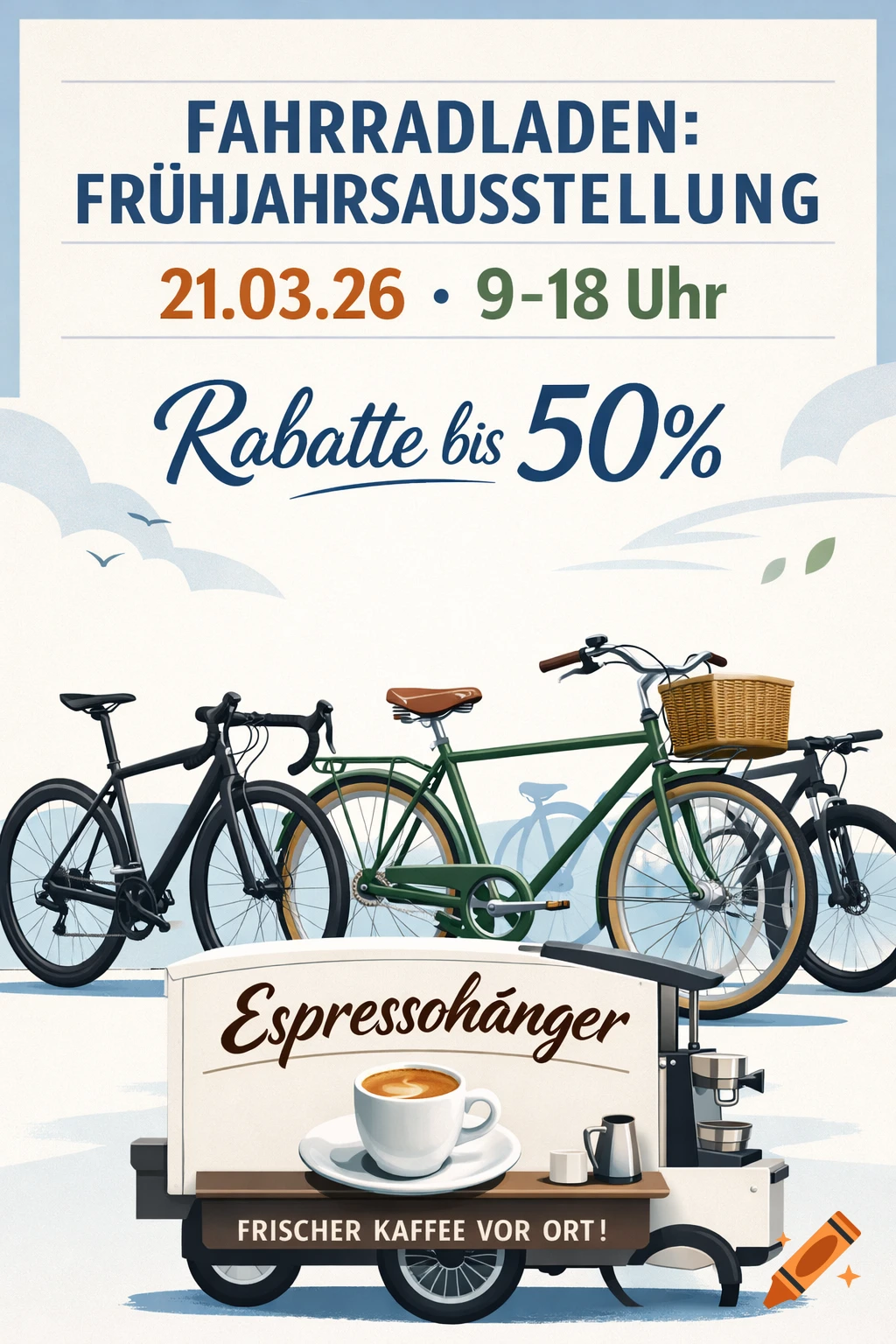 Illustrated poster for a bicycle shop's spring exhibition, featuring three bicycles and an espresso trailer with text in German.