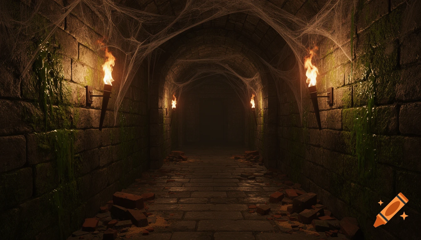 Photorealistic view down a dark, torch-lit medieval dungeon corridor with mossy stone walls, cobwebs, and debris.
