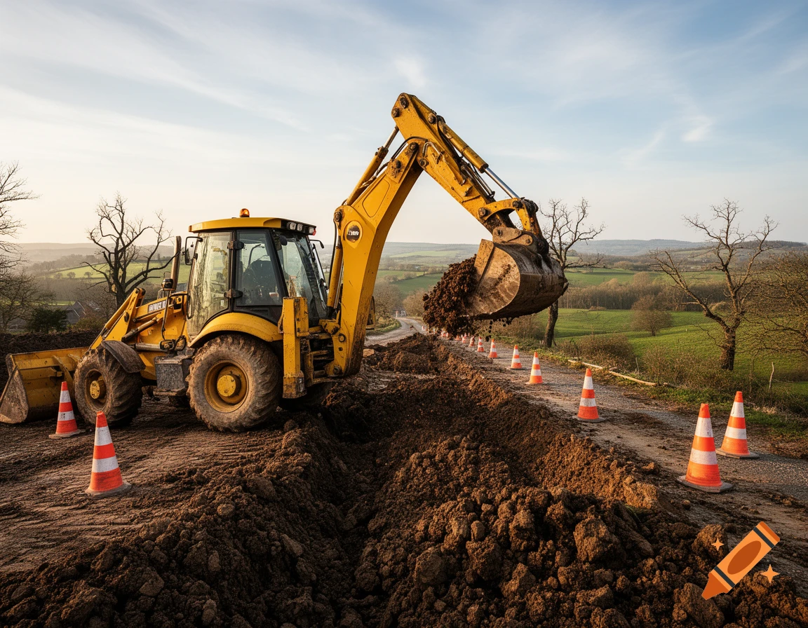 A yellow backhoe digs a deep trench on a dirt road, surrounded by traffic cones, with a green, hilly landscape under a blue sky.