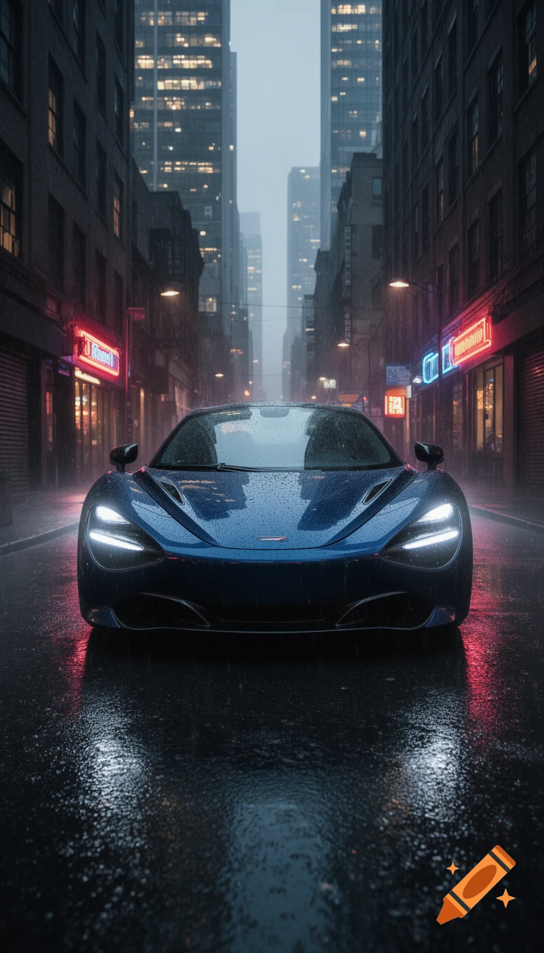 A sleek blue sports car sits on a wet, rainy city street at night, reflecting neon lights. Photorealistic style.