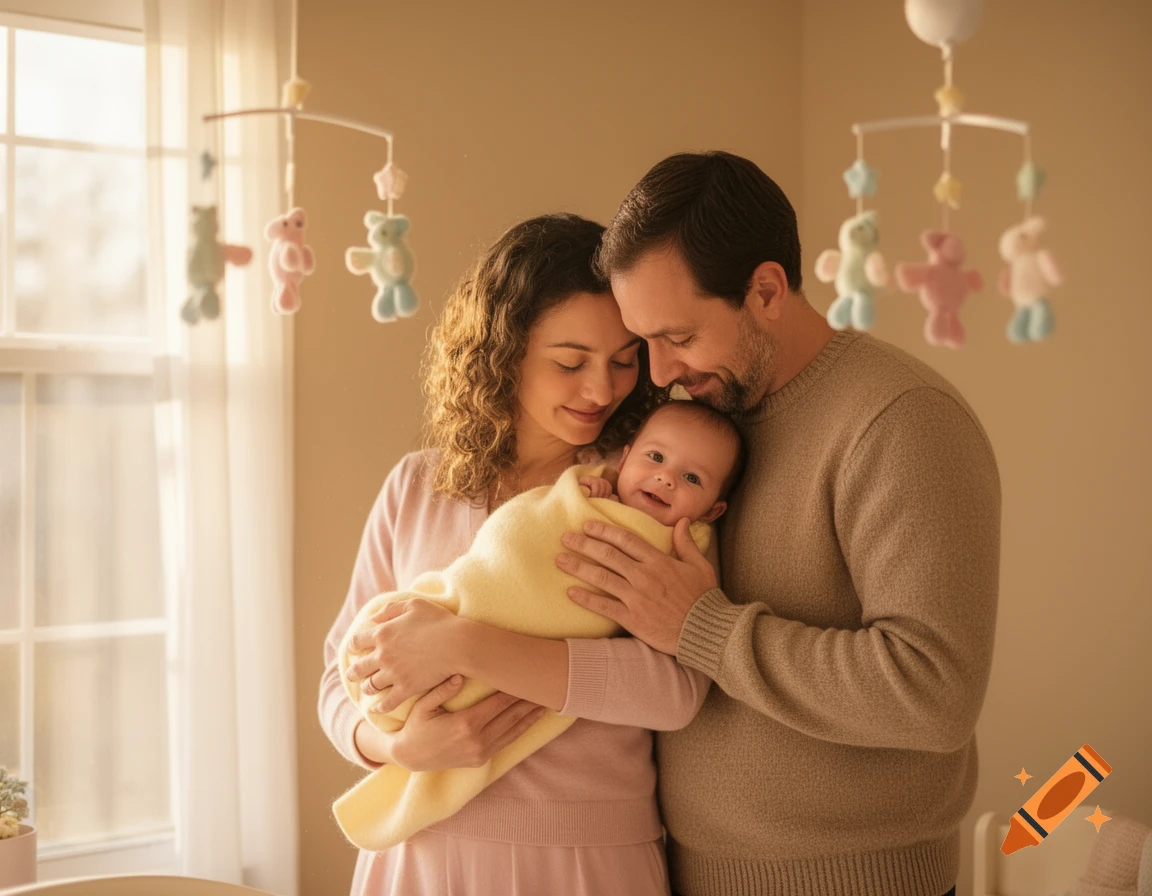 A mother and father lovingly hold their smiling baby wrapped in a yellow blanket in a sunlit nursery.