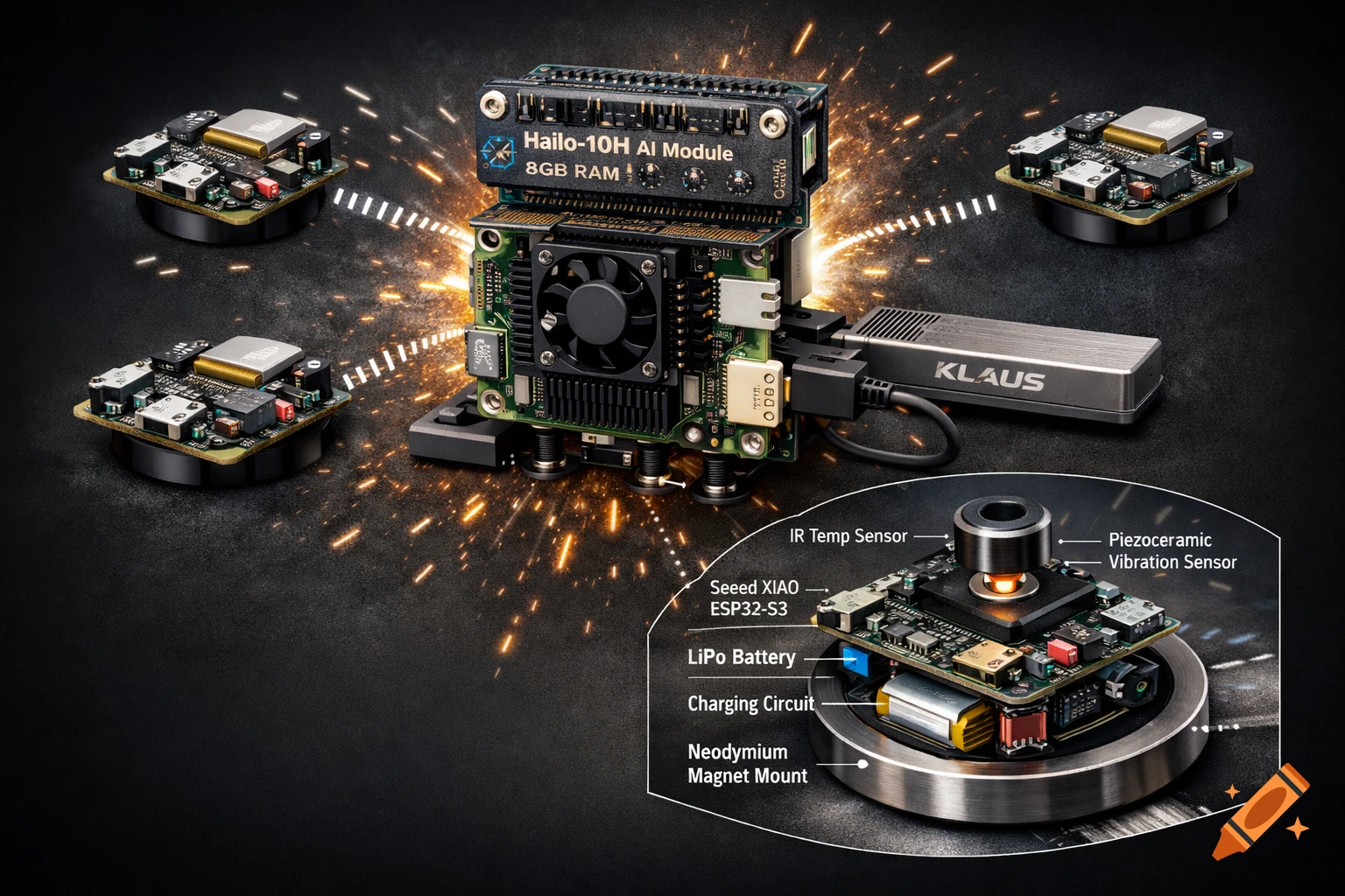Photorealistic technical illustration of an edge AI sensor system with a central AI module, SSD, and three wireless sensor nodes, one with a detailed cross-section showing internal components.