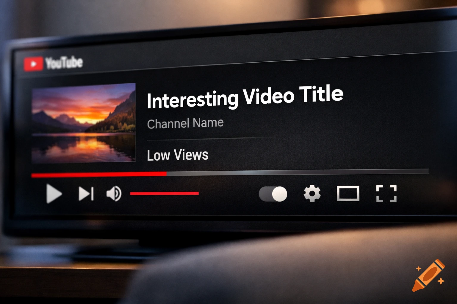 Close-up of a TV screen displaying a YouTube video titled 'Interesting Video Title' with 'Low Views' and a scenic sunset thumbnail.