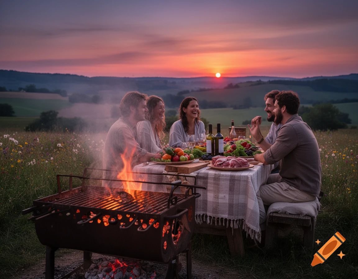 Four friends enjoy a barbecue and dinner at a table in a grassy field during a vibrant sunset.