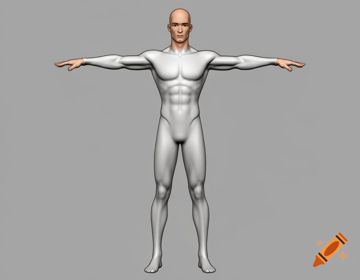 Stylized bald male figure in a white form-fitting bodysuit in a T-pose against a neutral gray background.