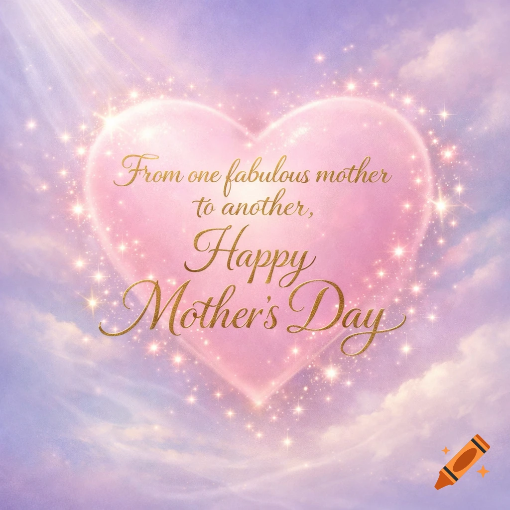 An elegant Mother's Day greeting card with a glowing pink heart against a pastel sky, featuring the text 'From one fabulous mother to another, Happy Mother’s Day'.