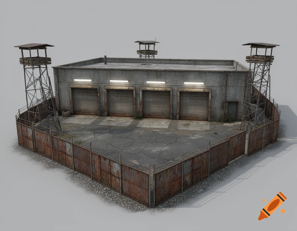 A desolate base design featuring a concrete building with three garage doors, a rusty metal fence, and three wooden watchtowers under a stark sky.