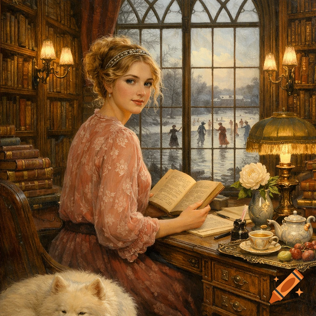 Classical oil painting: A woman in a library reads, a dog rests at her feet. Through a large window, ice skaters on a frozen lake.