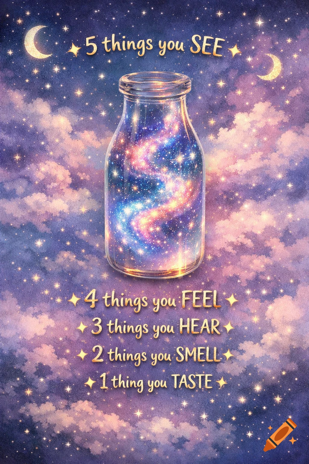 Dreamy watercolor illustration of a glass bottle with a galaxy inside, floating in a starry sky with moons and pastel clouds, featuring text for a 5 senses mindfulness exercise.
