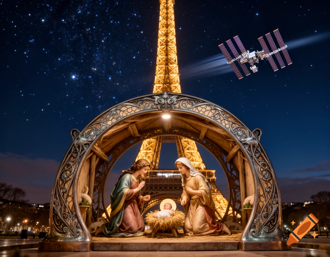 A stylized Nativity scene with Mary and Joseph kneeling before baby Jesus, set in an ornate Art Nouveau archway in front of the illuminated Eiffel Tower at night, with the International Space Station (ISS) visible in the starry sky.