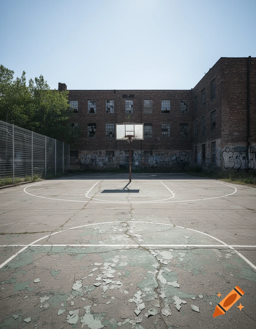 An abandoned outdoor basketball court with peeling paint, facing a dilapidated brick building covered in graffiti under a clear sky.