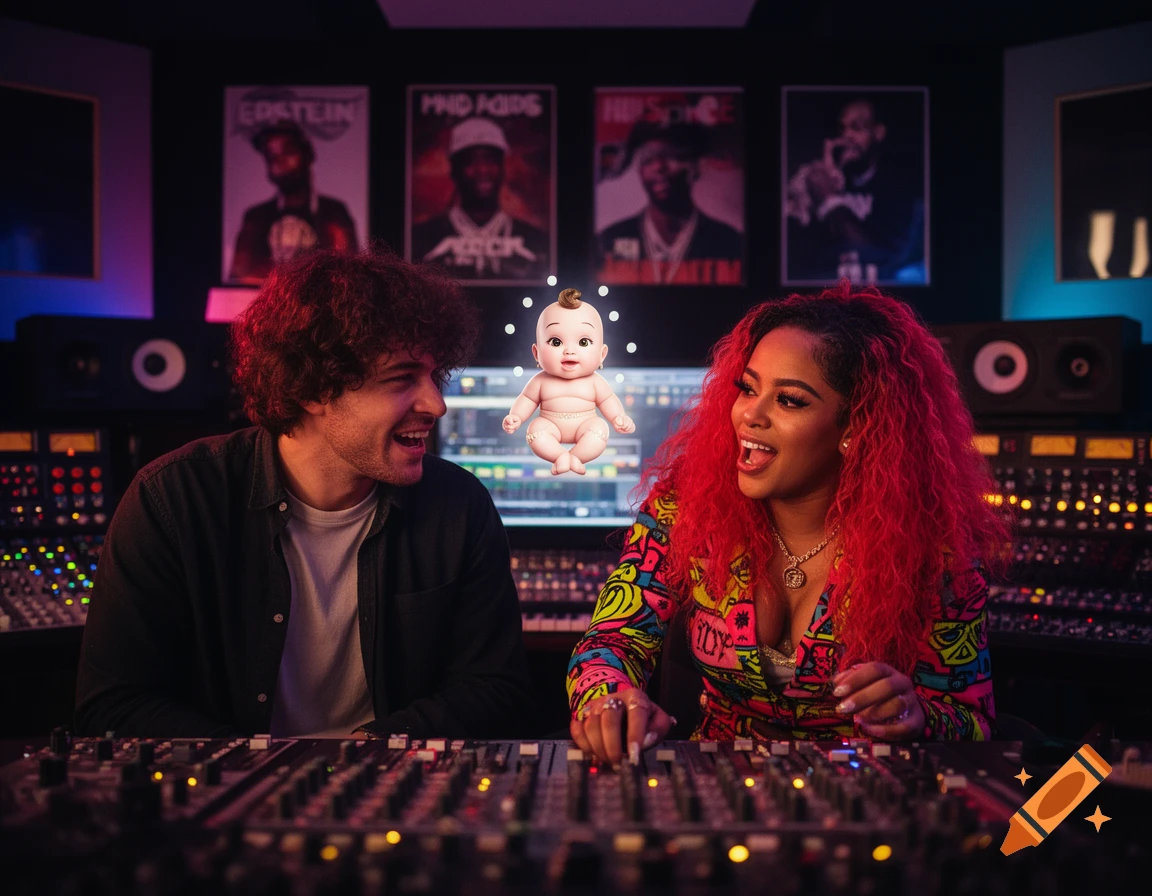 Two people, a man and a woman with red curly hair, in a neon-lit music studio with a floating cartoon baby. They are smiling and looking at the baby, with the woman operating a mixing board.