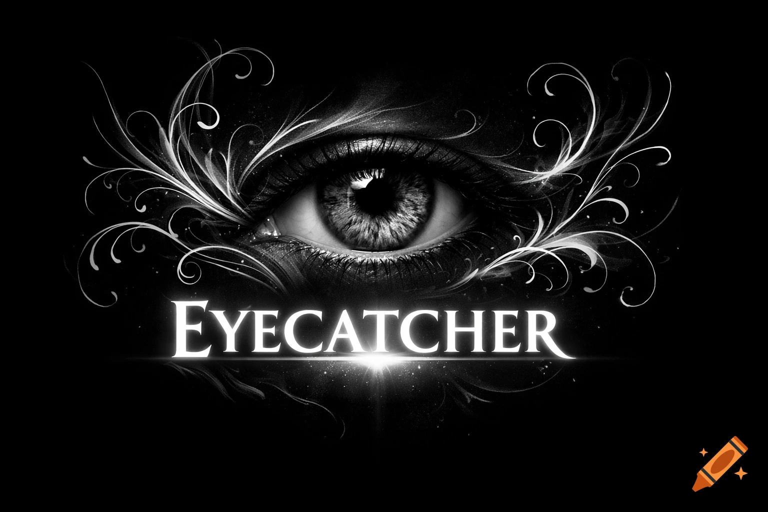 Black and white eye with glowing white decorative swirls and the word EYECATCHER on a dark background.