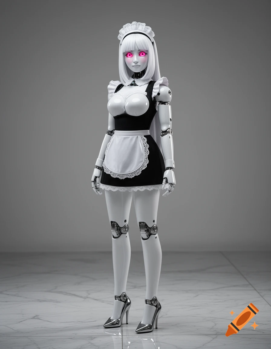 A photorealistic white anime-style maid robot with long white hair, glowing pink eyes, and metallic joints, wearing a black and white maid dress and silver high heels, stands against a gray background.