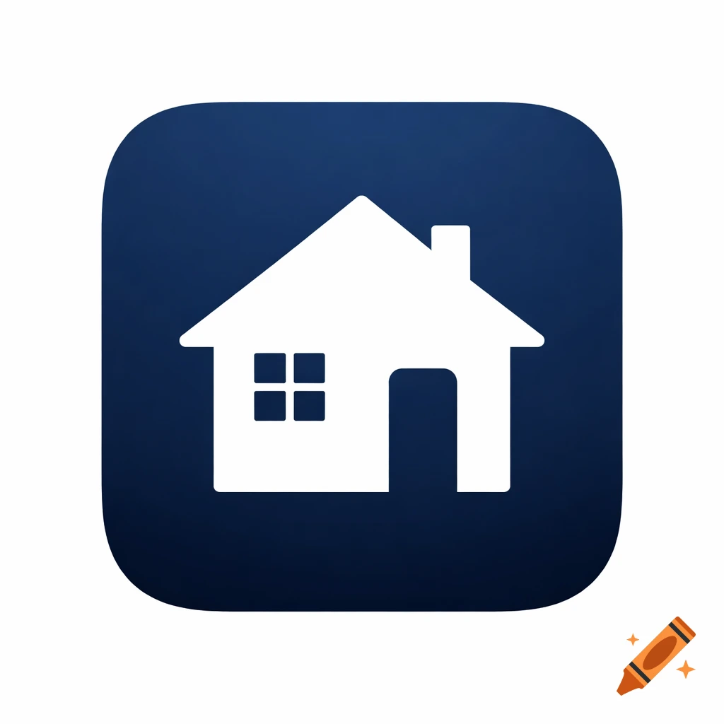 A minimalist white house silhouette on a dark navy blue gradient rounded square app icon.