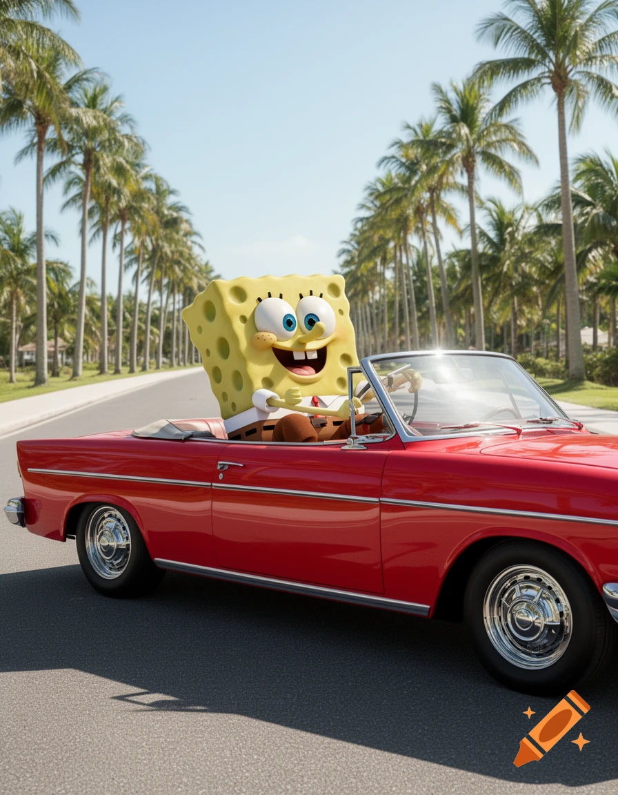 Photorealistic Spongebob Squarepants happily drives a classic red convertible car down a palm-lined road on a sunny day.