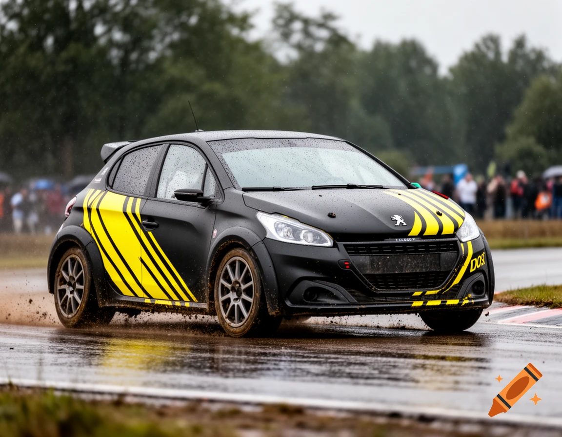 A black Peugeot 208 rally car with yellow diagonal stripes kicks up mud on a wet track under a cloudy sky.