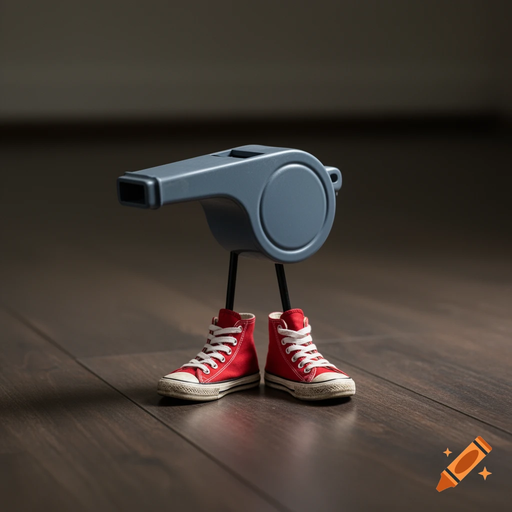 A photorealistic image of a blue-gray whistle standing on a wooden floor, featuring thin black legs wearing red high-top sneakers.