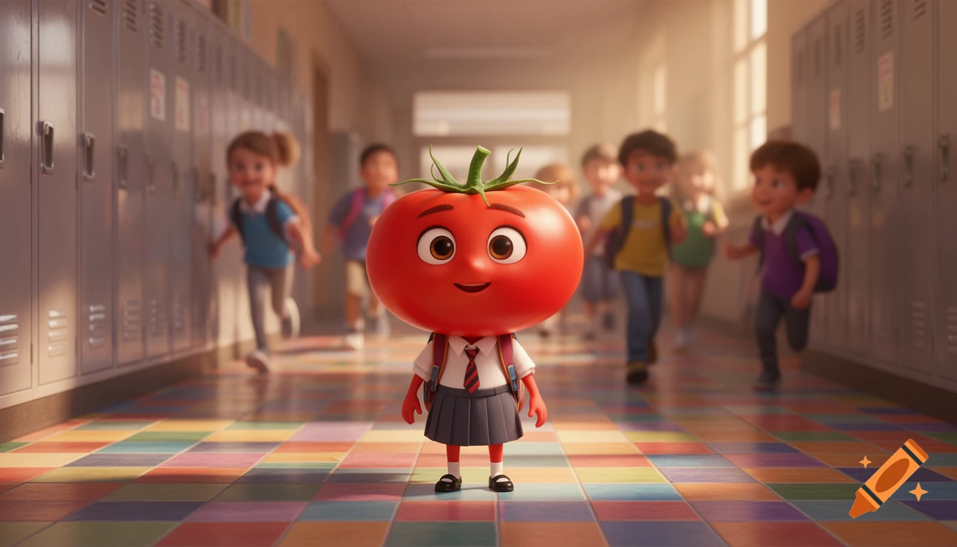 A cute 3D cartoon tomato character in a school uniform and backpack stands smiling in a vibrant hallway with blurred children.