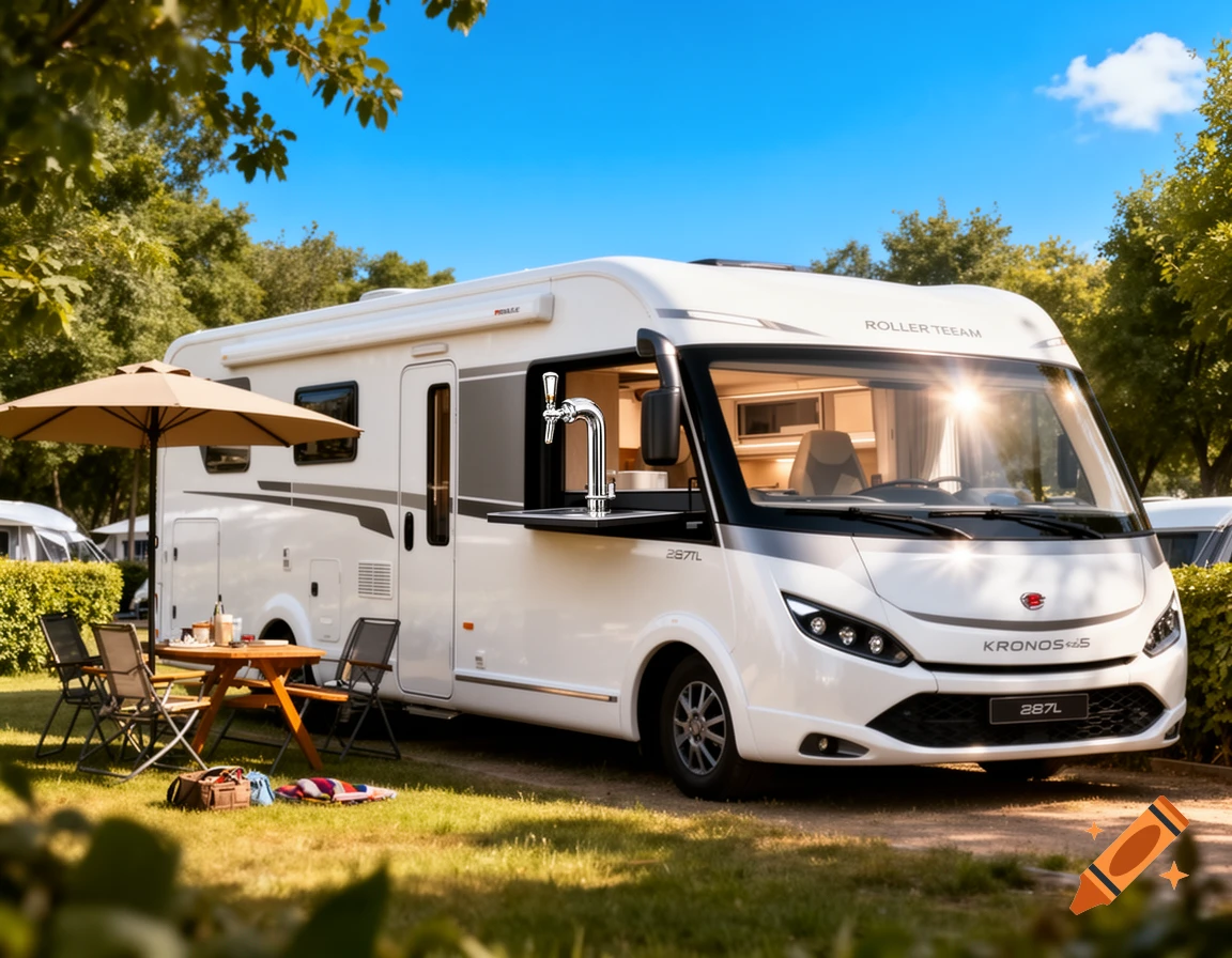 A photorealistic white camper van, a Roller Team Kronos 287TL, parked at a sunny campsite with a beer tap integrated on its side. A picnic table with an umbrella is nearby.