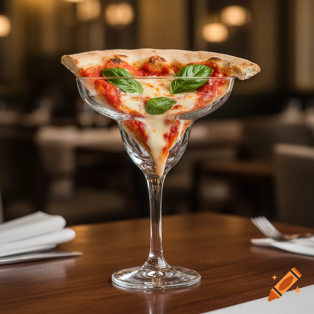 A photorealistic image of a cheesy pizza slice with basil leaves served upright in a margarita glass on a wooden table.