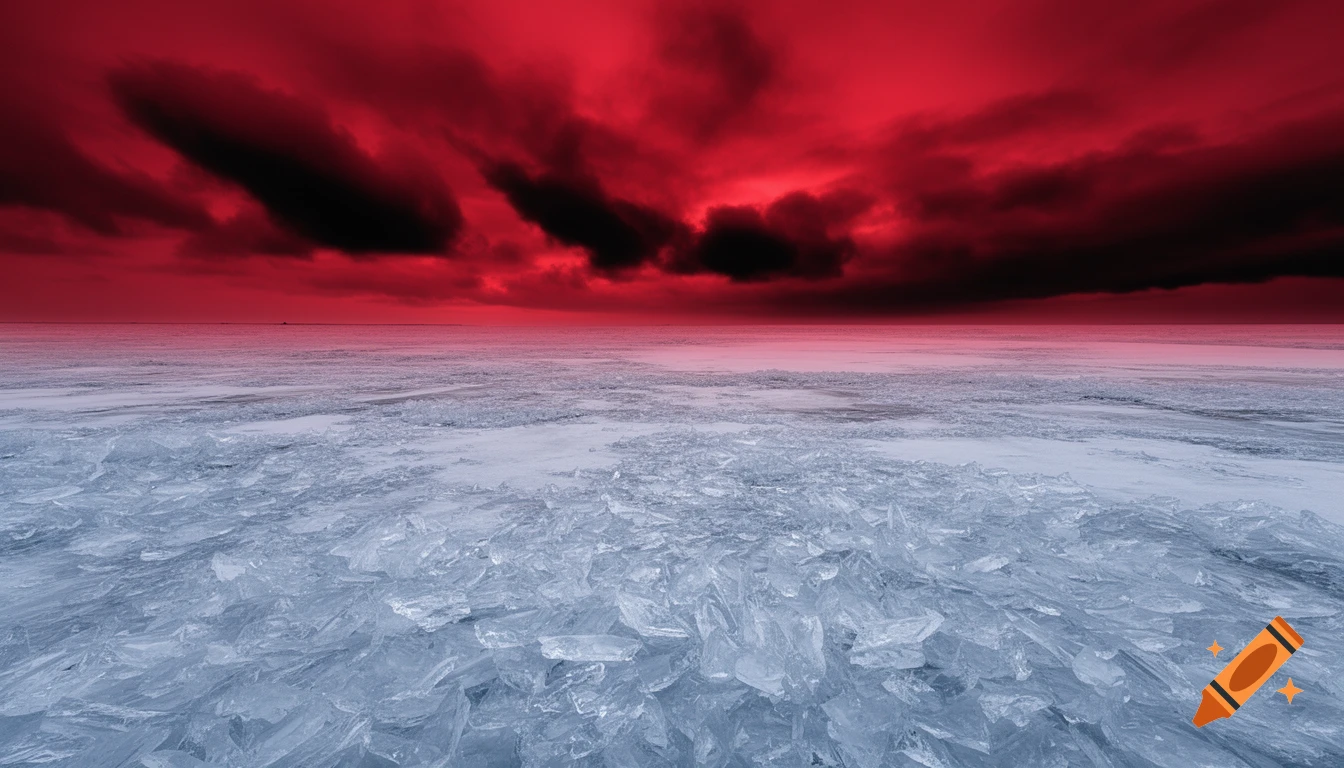 An expansive icy plain stretches under a dramatic red sky filled with dark, ominous clouds.