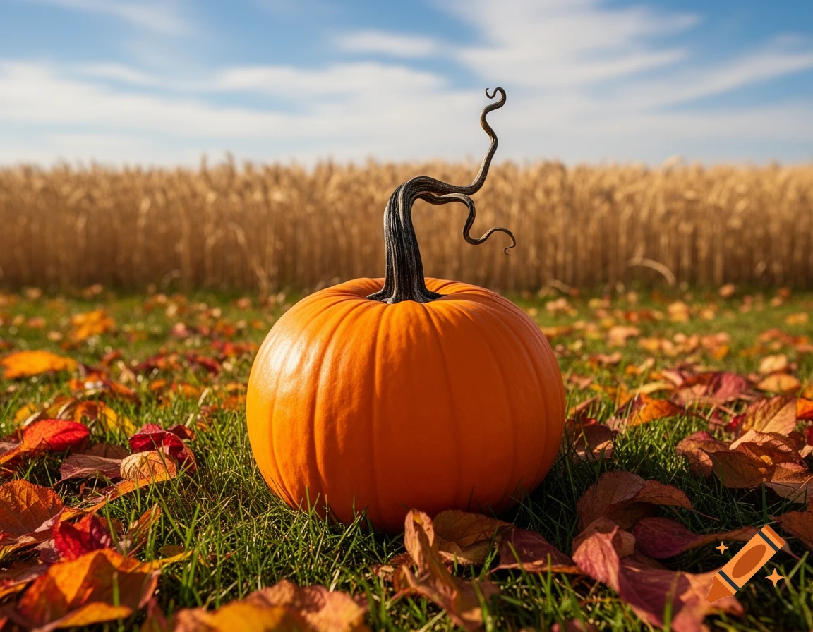 A vibrant orange pumpkin with a long curly stem sits in green grass covered in colorful autumn leaves, with a golden wheat field and blue sky in the background.