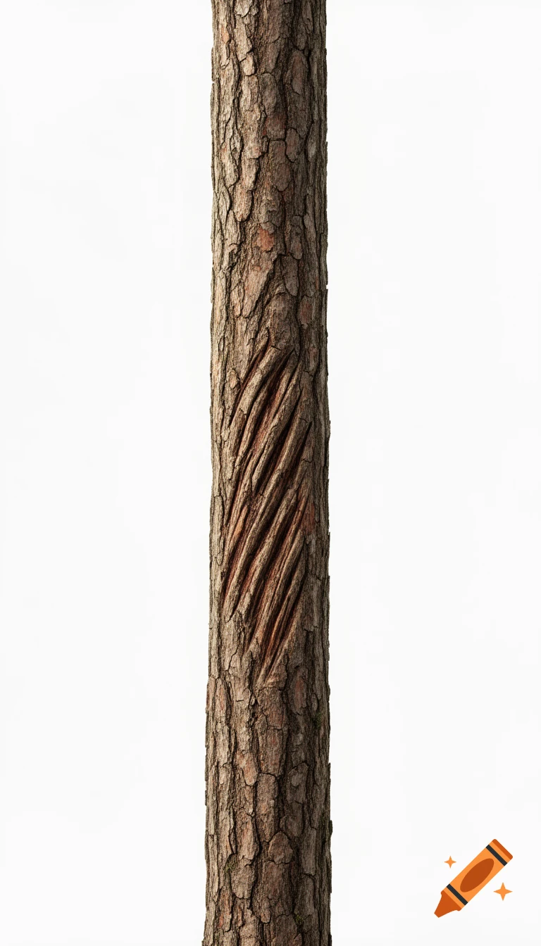 A photorealistic image of a tall tree trunk with deep claw marks, centered against a pure white background.