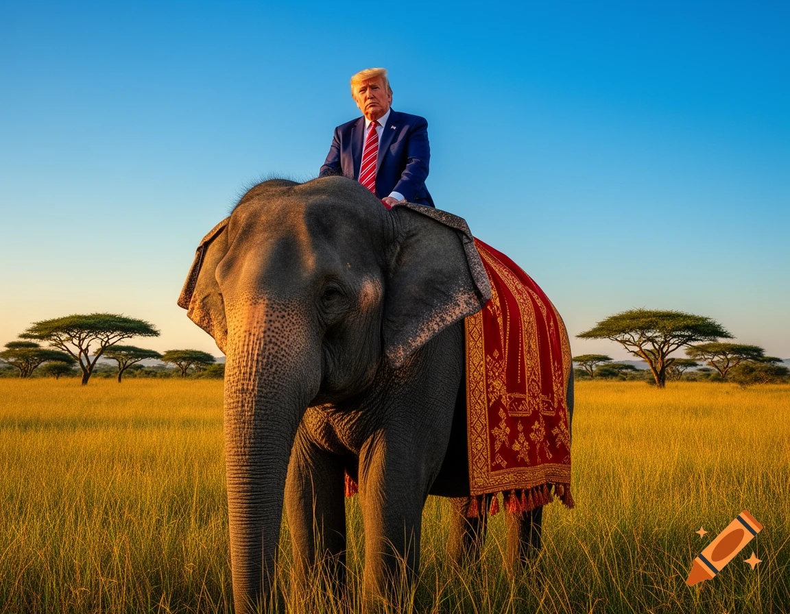 Donald Trump riding an adorned elephant through a sunny savanna with acacia trees.
