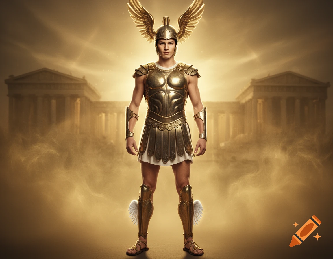 A man dressed as the Greek god Hermes in golden winged armor and helmet stands before ancient temples under a golden sky.