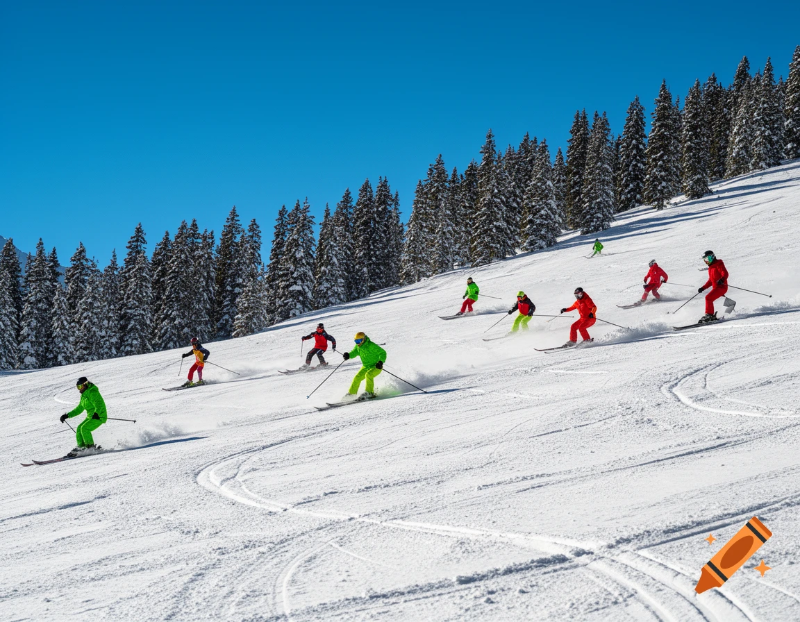 Multiple skiers in colorful outfits descend a snow-covered mountain slope lined with pine trees under a clear blue sky.