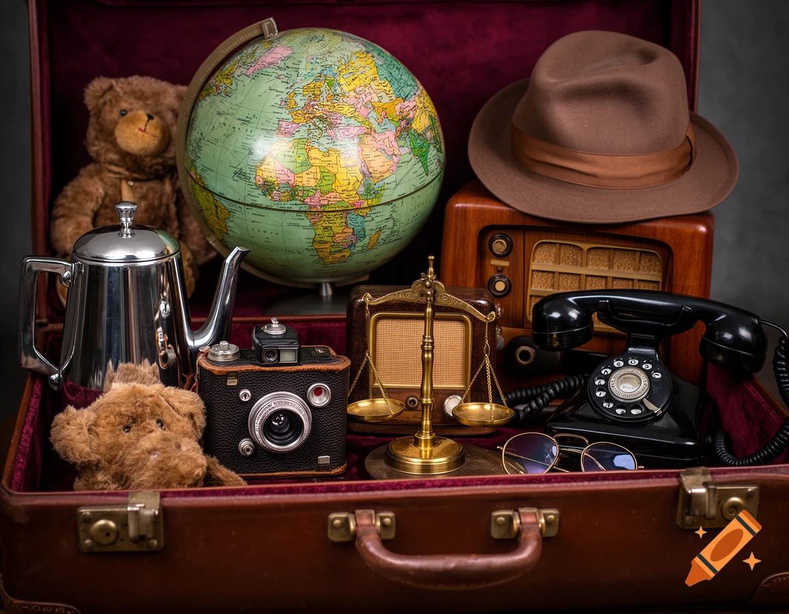 An open brown suitcase filled with various vintage items including a globe, a brown fedora hat, a wooden radio, a metal teapot, a retro camera, two teddy bears, round sunglasses, a brass scale, and an old black rotary phone.