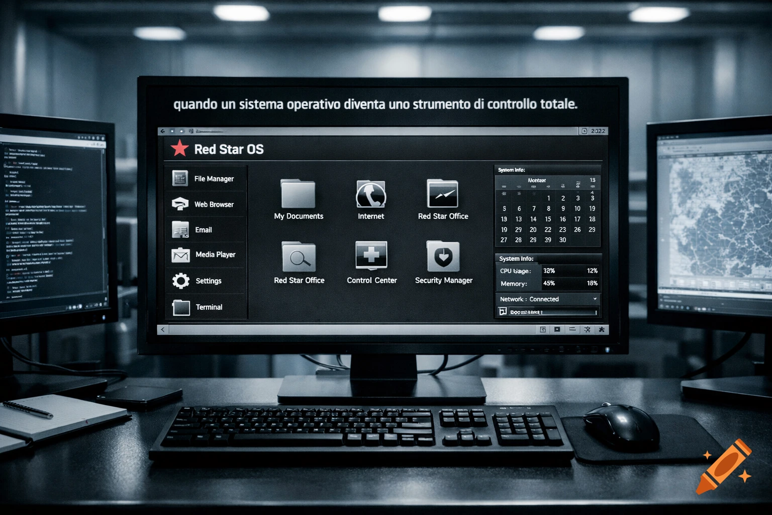 A photorealistic desk setup with a central monitor showing 'Red Star OS,' two side monitors, keyboard, mouse, and a notebook.