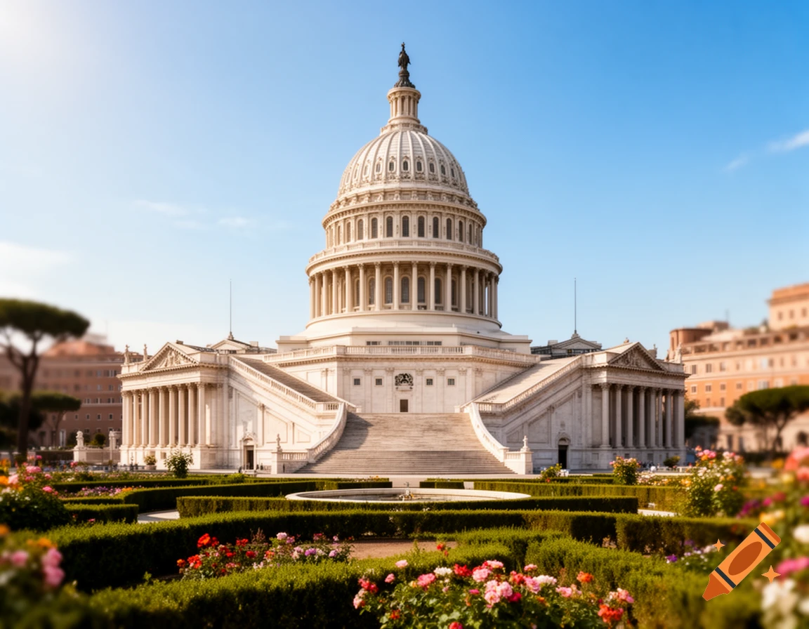 A grand, white domed building, resembling a mix of the US Capitol and Michelangelo's Campidoglio, set amidst lush green gardens with colorful flowers under a bright blue sky.