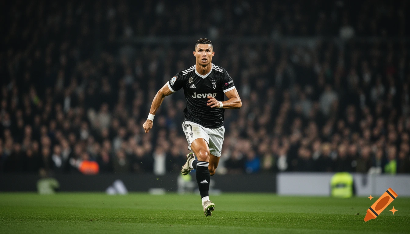 Photorealistic image of Cristiano Ronaldo in a black and white Juventus uniform, running on a green soccer field during a night game.