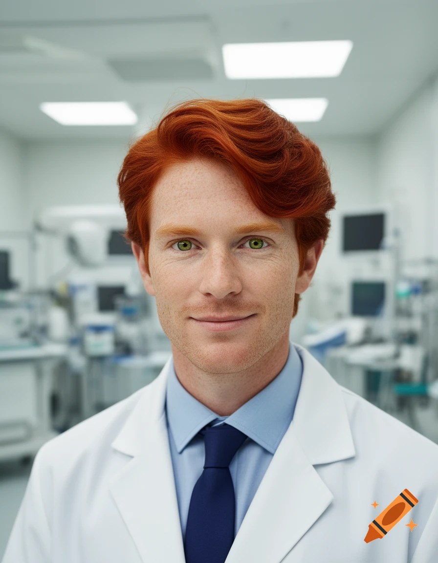 Photorealistic portrait of a smiling, red-haired male doctor in a white lab coat against a blurred hospital background.